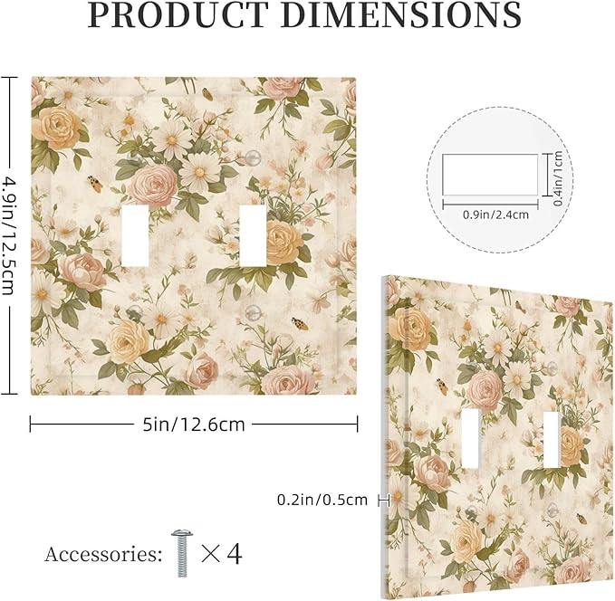 Decorative Switch Plates Boho Vintage Roses Pink Red Yellow Bouquet Floral 2 Gang Double Toggle Outlet Light Switch Cover Wall Plate Electrical Faceplate for Bedroom living Room Decor