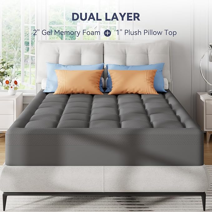 ELEMUSE 3 Inch Dual Layer Memory Foam Mattress Topper King, 2 Inch Cooling Gel Memory Foam Plus 1 Inch Down Alternative Pillowtop Mattress Pad with Cooling Cover, Soft Comfort Support, Grey
