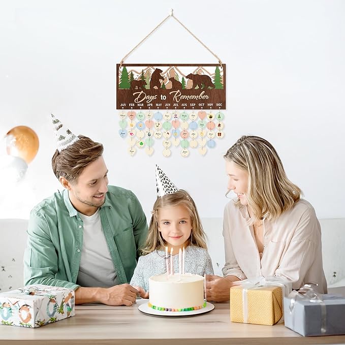 CHDITB 3D Days to Remember Birthday Calendar Wall Hanging(16”x7”), Woodland Bear Nursery Themed Family Birthday Reminder Tracker with Tags, Wooden DIY Gifts for Mother Grandma Friends Family