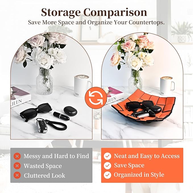 Valet Tray PU Leather Key Holder Bowl for Women and Men Entryway Table Nightstand Desk Tray for Wallet, Keys Men's Gift - Orange & Black, 9.8" L x 9.8" W x 2" H