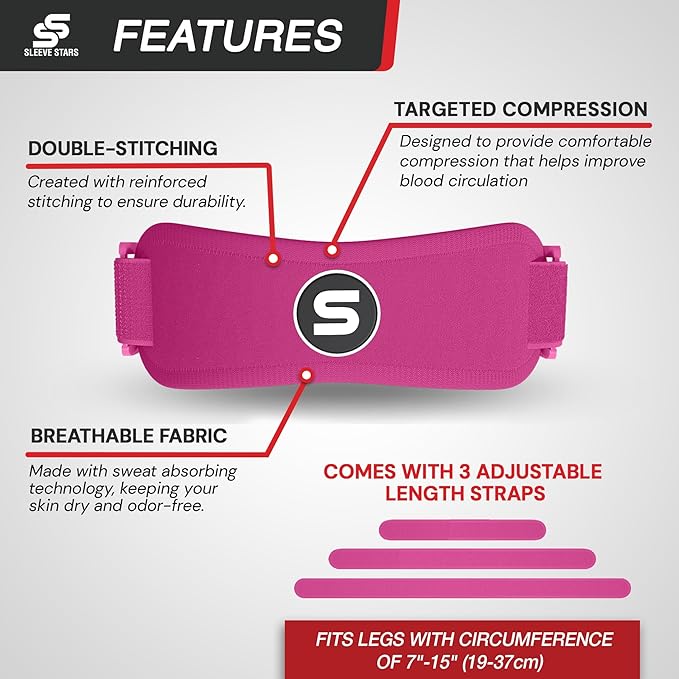 Sleeve Stars Swedish Brand Patellar Tendon Support Strap for Women & Men Effective Osgood Schlatter Knee Brace Youth & Kids Knee Brace with 3 Adjustable Length fits 7"-15" (Single/Hot Pink/Kids)
