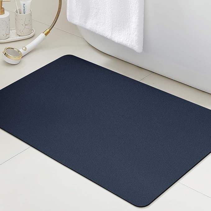 ACCUMTEK Ultra Thin Bath Mat, Upgrade Backing Non Slip Thin Bath Mats Fit Under Door, Quick Dry Ultra Absorbent Bathroom Rugs, Machine Washable Bath Rugs for Bathroom, Bathtub, Dark Blue/Solid/24 x17