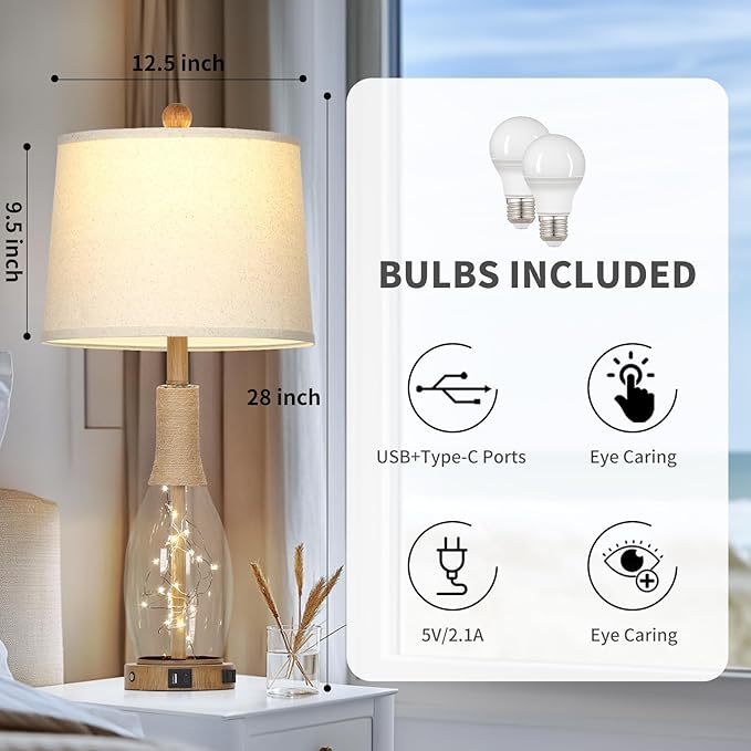 28" Coastal Table Lamps for Bedroom Set of 2, Farmhouse Glass Lamps with 3-Way Dimmable Touch Control Fairy Lights & Type-C Charging for Living Room Nightstand, Beach Nautical Bedside Lamp Rustic Wood