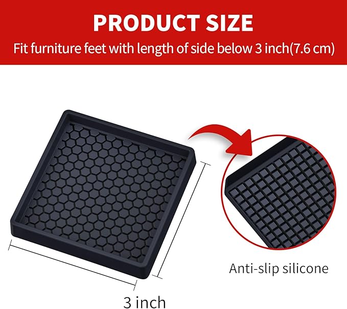 Ezprotekt Non Slip Furniture Pads, 8 Pcs 3" Anti Skid Rubber Furniture Caster Cups, Anti-Slip Furniture Coasters for Hardwood Floors, Anti Slide Floor Protectors for Bed Couch Stoppers (Black)