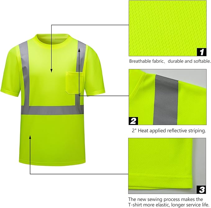 High Visibility Shirts Quick Dry Safety T Shirts with Reflective Strips and Pocket Short Sleeve Mesh Hi Vis Construction Work Class 2 Shirt for Men/Women Lime,Large