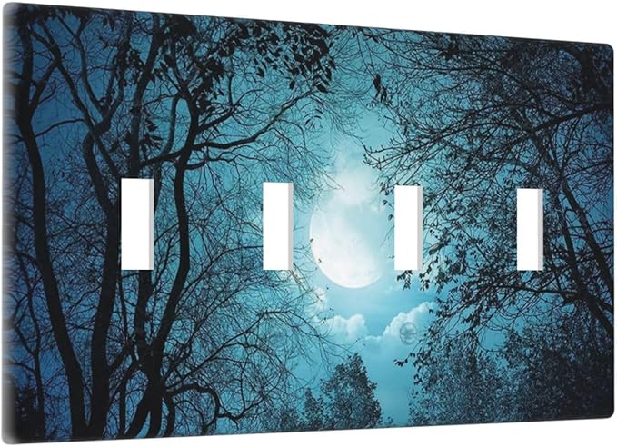 Light Switch Cover Teal Full Moon Forest 4 Gang Switch Plate Quad Toggle Wall Plates Turquoise Decorative Switchplate Electrical Outlet Cover Plates for Bathroom Bedroom Decor