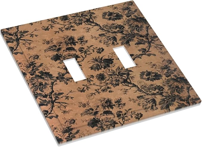 Decorative Light Switch Cover Plate Vintage Floral Botanical Brown Background 2 Gang Switch Plate Covers Double Toggle Wall Plate Dual Device Faceplate for Bathroom Bedroom Decor