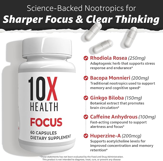 10X Health Focus Rhodiola Rosea - Brain Supplements for Memory and Focus - 60 Capsules Focus Supplement, Memory Supplement for Brain Health with Ginkgo Biloba, Huperzine A - Ginkgo Biloba Capsules