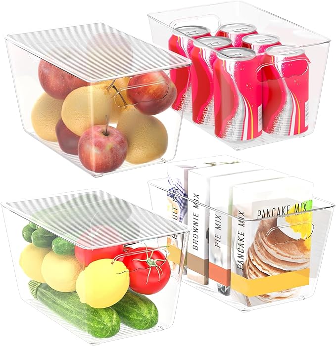 BALEINE Clear Stackable Storage Bins with Lids, Plastic Containers with Handle for Pantry Organizers and Storage, Plastic Bins for Fridge, Kitchen, Bathroom, Cabinet (10x6x5, 4PK)