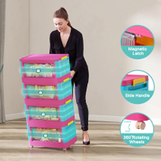 5 Tiers Folding Storage Cabinet, 20" Side Wide Collapsible Storage Bins with Doors and Wheels, Space Saving Plastic Cabinet for Living Room, Office, Dorm, Rainbow