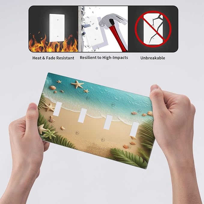 Light Switch Covers Summer Beach Themed Starfish Seashells Quad Toggle Electrical Faceplate 4 Gang Wall Plate Decorative Switch Plates for Bedroom Bathroom Decor
