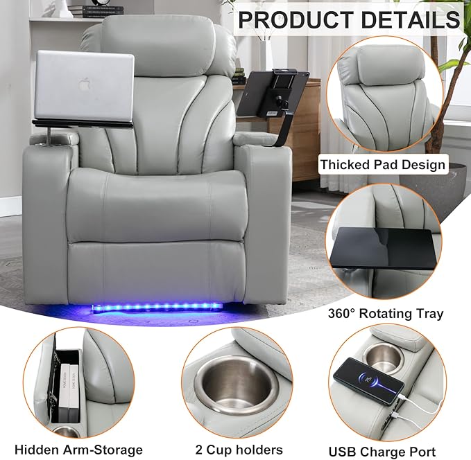 Zero Wall Power Recliner with Bluetooth Speaker & USB Ports - Home Theater Electric Recliner Chair with Cup Holder, Arm Storage, LED Lights, Phone Holder & Removable Tray Table