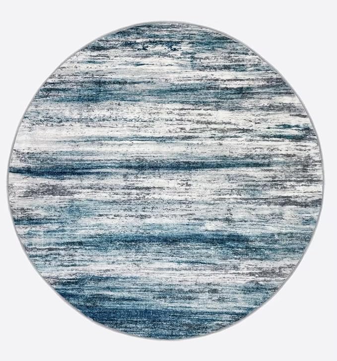 KOZYFLY Modern Abstract Round Area Rug 5Ft, Washable Kitchen Rug Non-Slip Soft Bathroom Circle Rug, Blue Striped Entryway Rugs Print Faux Wool Doormat for Bedside Entrance Bedroom Sink