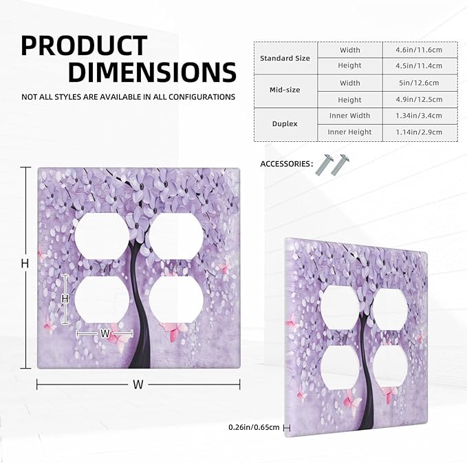 Decorative Light Switch Cover Plate 3d Purple Tree 2 Gang Socket Covers Double Duplex Wallplates Switch Plates and Outlet Covers for Bedroom Bathroom Decor