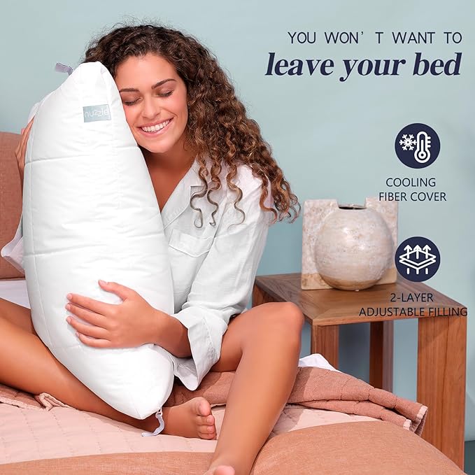 Nuzzle Cooling Adjustable Pillows for Side Sleepers, Luxury King Size Set of 2 Bed Pillows Hotel Collection - Best Adjust Height Soft Firm Pillows for Back, Stomach and Side Sleepers