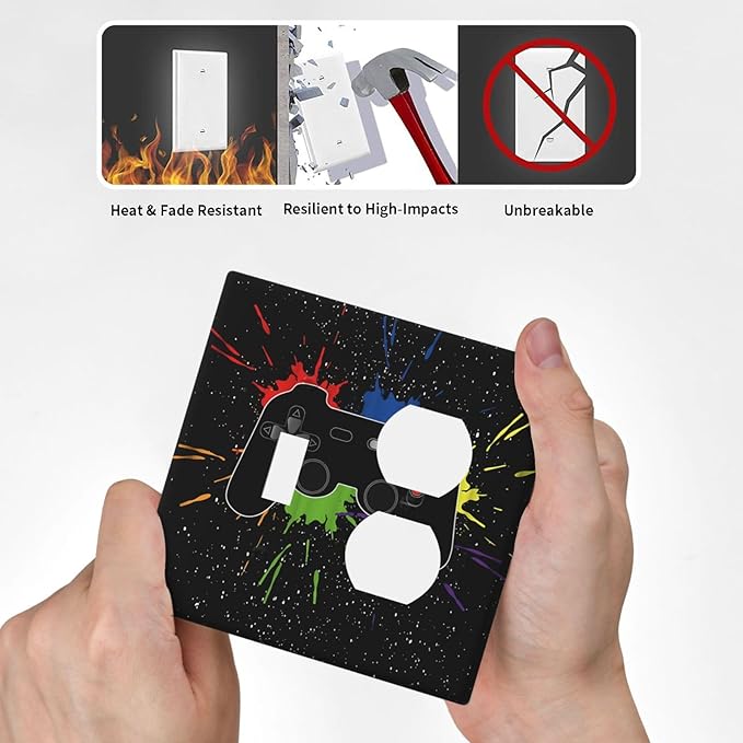 Classic Videogames Controller Black Splash Ink Colorful Wallplates 1 Toggle 1 Duplex Switch Plate Electrical GFCI Faceplate Decorative Light Switch Covers for Kids Room Nursery Decor