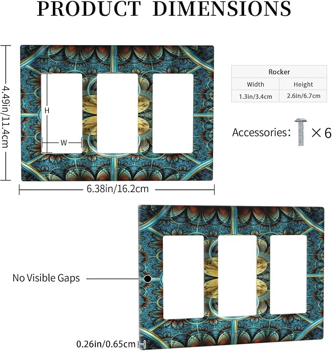 Light Switch Cover Boho Fractal Mandala 3 Gang Wall Plate Triple Light Switch Plate Bohemia Rocker GFCI Outlet Covers Decorative Receptacle Cover for Bathroom Bedroom Decor