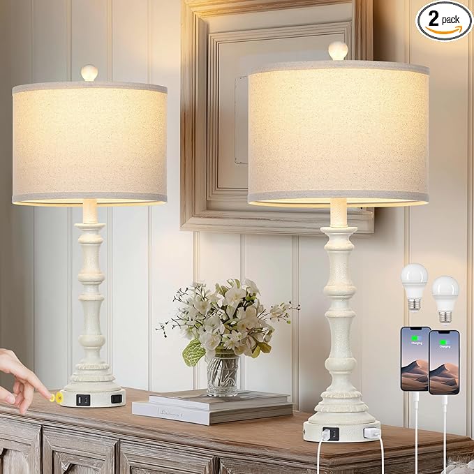 27.5" White Tall Lamp for Living Room, Vintage Farmhouse Table Lamps Set of 2 with USB C+A Ports & AC Outlet, 3-Way Touch Control Bedside Lamps, Rustic Bedroom Lamp for Nightstand Side Table