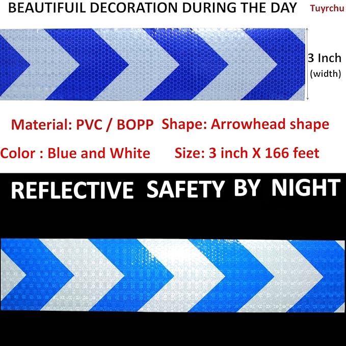 Blue and White Reflective Tape Outdoor Waterproof 3 inch X 166 feet, High Visibility Hazard Conspicuity Industrial Marking Tape