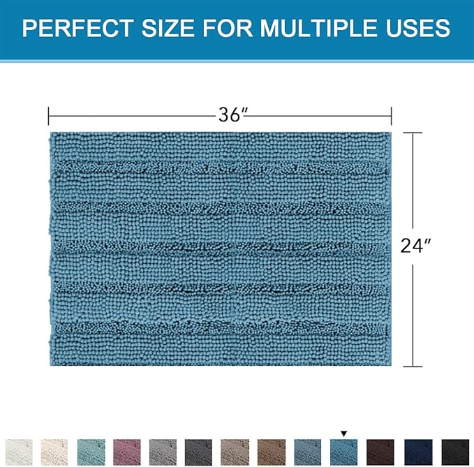 H.VERSAILTEX Bath Mats for Bathroom Non Slip Extra Thick Chenille Striped Bath Rug 24" x 36" Absorbent Non Skid Fluffy Soft Shaggy Rugs Washable Plush Mats for Indoor, Bath Room, Tub - Turquoise Blue