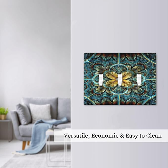 Light Switch Cover Boho Fractal Mandala 3 Gang Wall Plate Triple Light Switch Plate Bohemia Toggle Decorative Outlet Covers Electrical Switchplate for Bathroom Bedroom Decor
