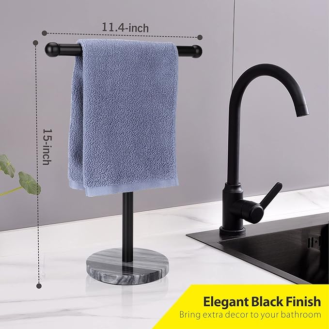 Black Hand Towel Holder Stand with Heavy Marble Base, T-Shape Towel Rack, Free-Standing for Bathroom Vanity Countertop, 304 Stainless Steel (Black)
