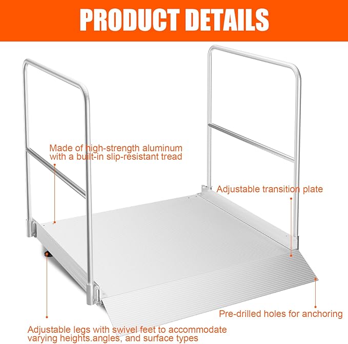 Aluminum Adjustable Threshold Ramp with Detachable Handrail for Wheelchair, 36" x 36" Doorway Ramp with 3.4"–7.2" Rise, Self-Supporting Entry Ramp for Uneven Surfaces, 880lb Capacity with Non-Slip Mat