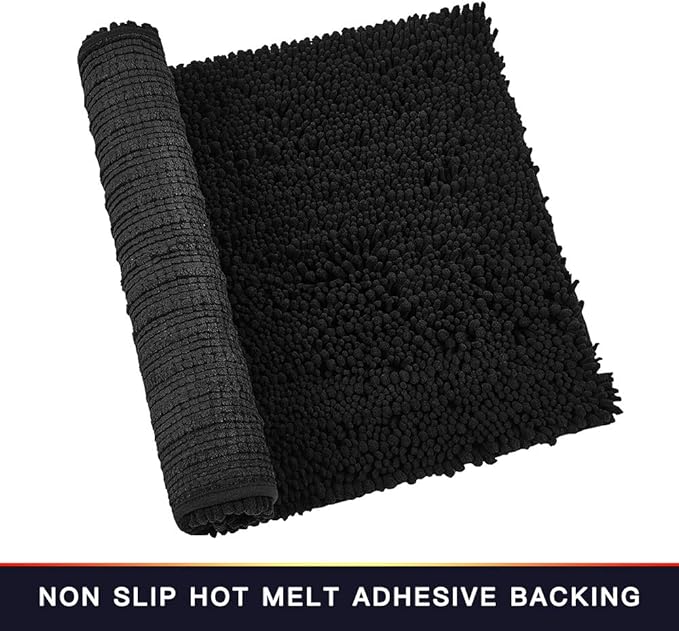 Walensee Large Bathroom Rug Non Slip Bath Mat (24x60 Inch Black) Water Absorbent Super Soft Shaggy Chenille Machine Washable Dry Extra Thick Perfect Absorbant Best Plush Carpet for Shower Floor
