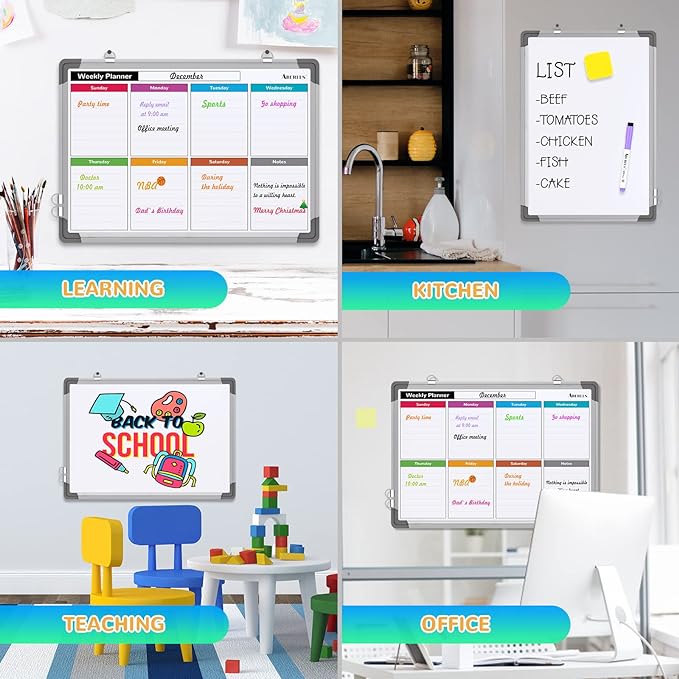 Small Weekly Calendar Dry Erase Whiteboard for Wall, 16" x 12" Magnetic Dry Erase Board, Hanging Double-Sided White Board, Portable Board for List, Kitchen, Planning, Memo, Home, Office