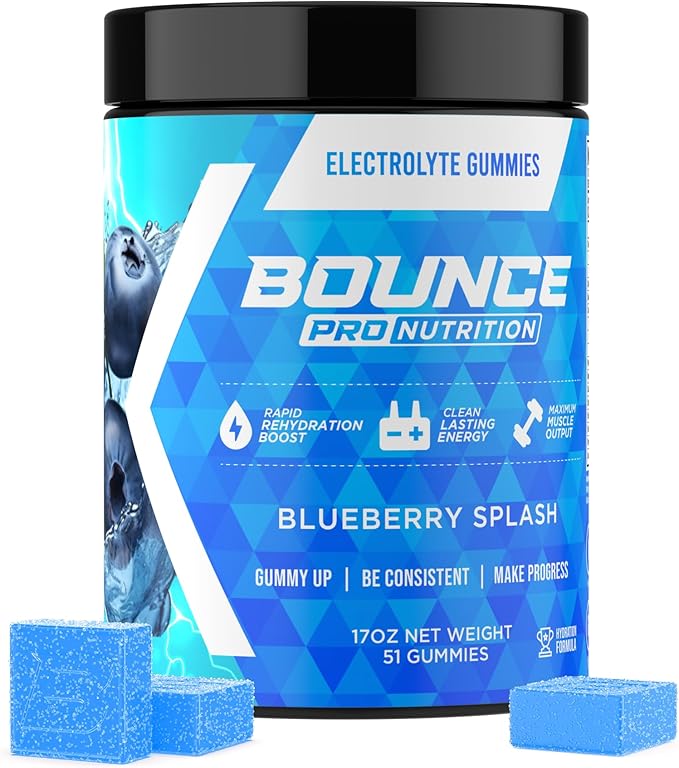Bounce Pro Hydration Electrolyte Gummies – 51 Vegan Chewable Gummies with Sodium, Potassium & Magnesium for Running, Workouts & Endurance – No Sugar, Caffeine Free Electrolyte Chews, Blueberry Splash