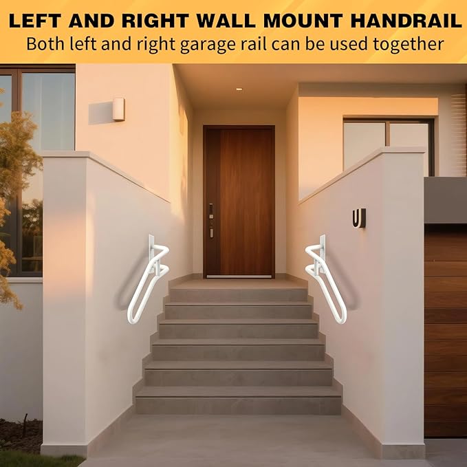 Right Side Wall Mounted handrail, Garge Door Stair Railing for 1-3 Steps(Polished White, Right Side, 230LBs Loading)