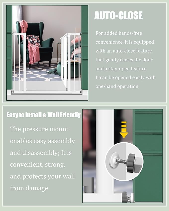 White Extra Wide Baby Gate with Pet Door Automatic Closing 29.5 to 46 Inches Adjustable Pressure Mounted for Doorway Stairs Includes 4 Wall Cups and 3 Extensions Pet Gate Baby Gate Dog Gate Cat Gate