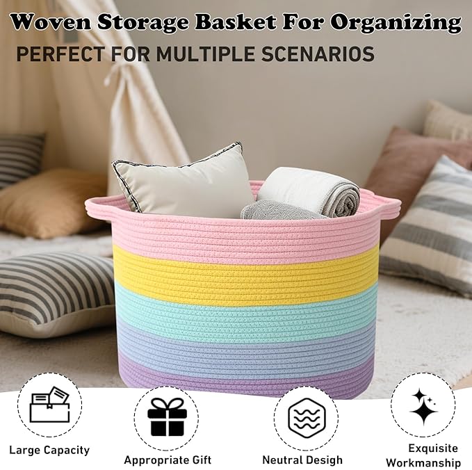 Large Storage Basket with Handle,23.6" x 23.6" x 15.7" Blanket Basket Storage Bins for Organizing,65L Cotton Rope Woven Baskets for Living Room, Nursery ,Bedroom,Colorful