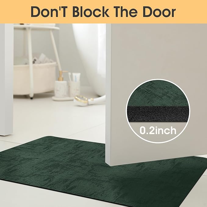 Ultra Thin Bath Mat, Upgrade Backing Non Slip Thin Bath Mats Fit Under Door, Quick Dry Ultra Absorbent Bathroom Rugs, Machine Washable Bath Rugs for Bathroom, Bathtub, Deep Green/Marble/32"x20"