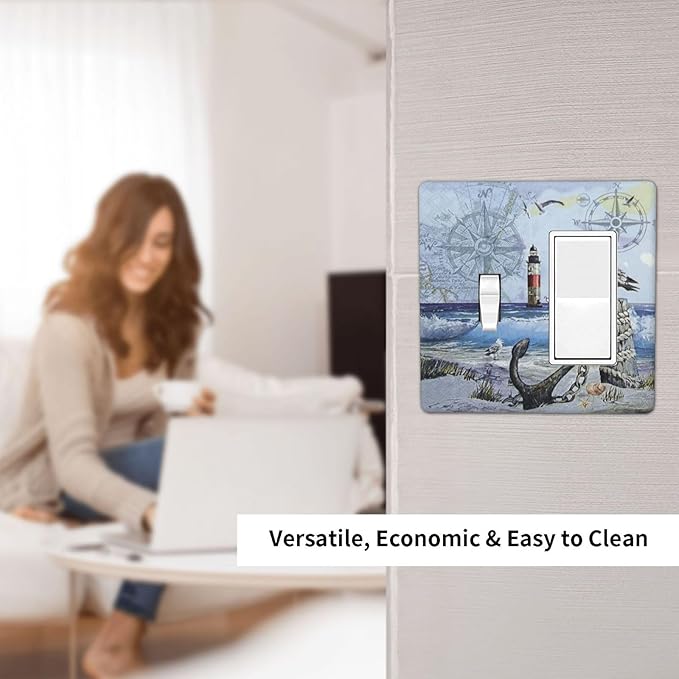 Light Switch Cover Sea Ocean Sand Coast Compass Ship Lighthouse Anchor 2 Gang Toggle Rocker Combo Wall Plates Decorative Switch Plates and Outlet Covers Receptacle Cover for Bathroom Decor