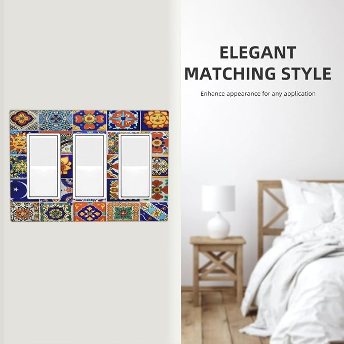 Light Switch Covers Mid Century Talavera Shaped Tiles 3 Gang Rocker Electrical GFCI Decorative Triple Outlet Wall Plate Cover Switchplate for Bedroom Bathroom Decor