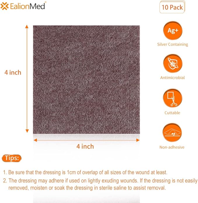 Silver Calcium Alginate Wound Dressing Pad 4''x4'', 10 Packs, High Absorbency Non-Stick Ag Gauze Patch for Pressure Ulcer,Bed Sore,Leg Sore,Diabetic Foot Ulcer
