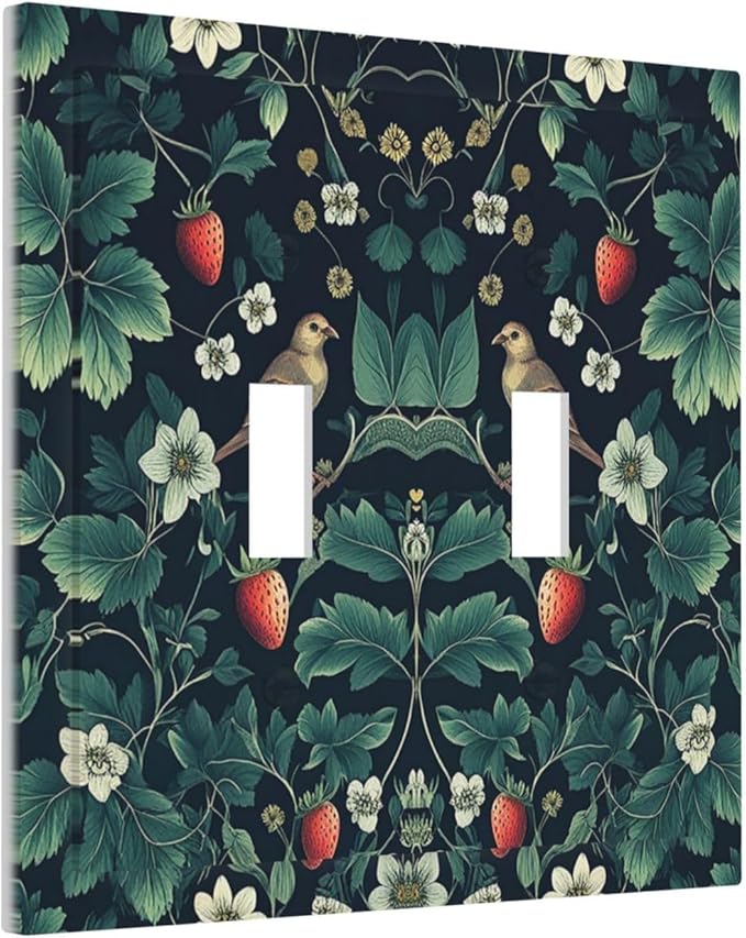 Decorative Switch Plates Strawberry Birds Flowers Plant Morris Floral 2 Gang Double Toggle Outlet Light Switch Cover Wall Plate Electrical Faceplate for Bedroom Farmhouse Decor