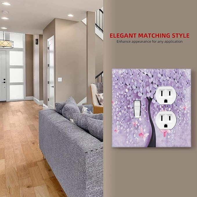 Decorative Light Switch Cover Plate 3d Purple Tree 2 Gang Outlet Covers 1 Toggle 1 Duplex Wall Plate Decorate Electrical Switch Plate Covers for Bedroom Bathroom Decor