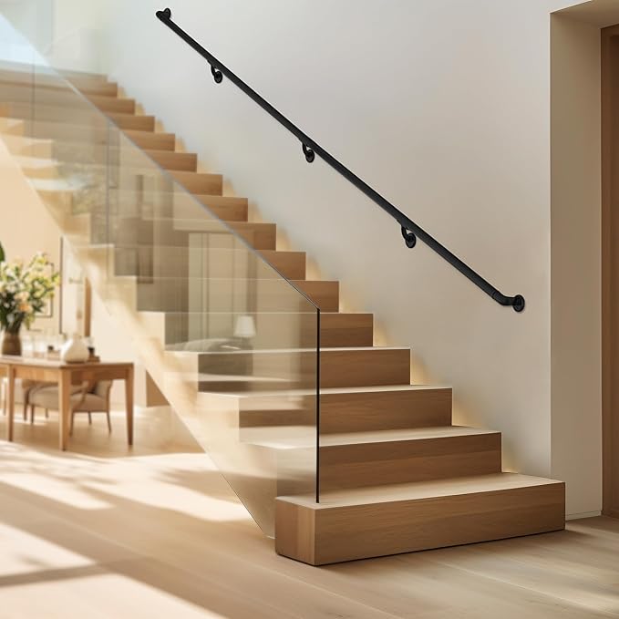 Meranti Aluminum Handrail for Stairs - ADA Compliant Wall Returns - Handrails for Indoor Stairs - Metal Handrail, Powder Coated for Outdoor Environment, DIY Handrail Kit (WHR, Black Textured, 8' L)