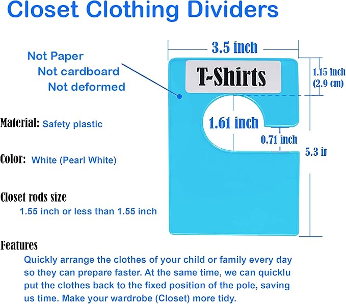 20 Pack White Clothing Rack Size Dividers Plus 45 Labels (1 Inch) and 18 Large Blank Labels, Large Rectangular Clothing Closet Dividers (Blue)