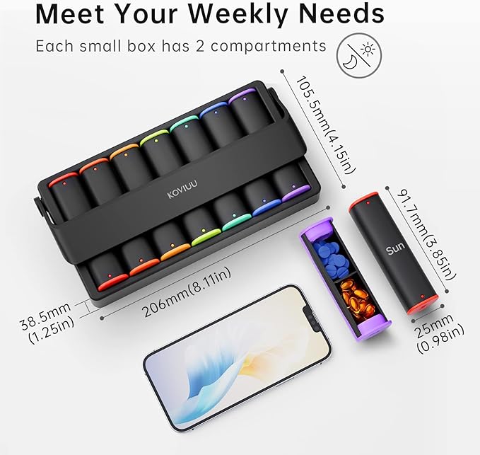 Weekly Pill Organizer 2 Times a Day, KOVIUU Large Travel Pill Box 7 Day, Am Pm Twice Daily Pill Case with Rotatable Handle, Week Pill Holder Container for Vitamin Medicine Supplement Fish Oil, Black
