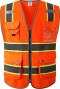 JKSafety 9 Pockets Hi-Vis Neon Orange Color Zipper Front Safety Vest with Fluorescent Yellow Extend Edge outlining the Reflective Tapes Meet ANSI/ISEA Class 2 Standard (901-Orange, 4X-Large)