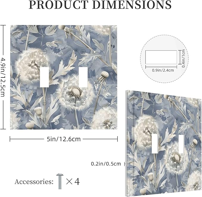 Blue Dandelion Vintage Floral Boho Flower Decorative Switch Plates 2 Gang Double Toggle Outlet Light Switch Cover Wall Plate Electrical Faceplate for Bedroom Living Room Home Decor