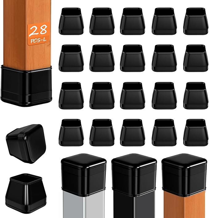 28 Pcs Chair Leg Sliders for Carpet Rug, Square Chair Leg Floor Protectors Glides, Dining Room Furniture Foot Caps, Silicone Covers with Plastic Pads, No Scratches (Fit:1-1/8"~1-7/16", Black)