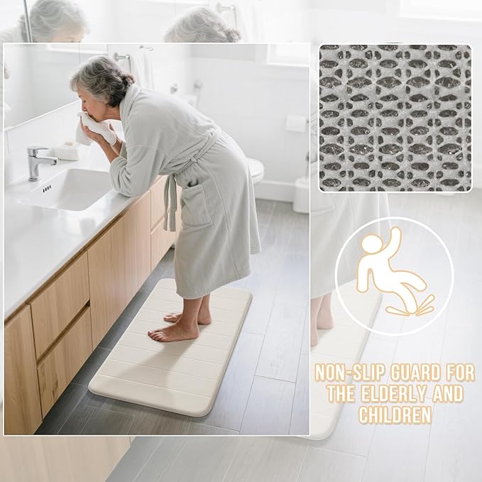 Yimobra Memory Foam Bathroom Rugs Sets 2 Piece - Super Soft Absorbent Quick Dry Bath Mat Set, Machine Washable Non Slip Floor Carpet for Tub Shower & Single Sink (17x24 & 31.5x20 Inch, Cream White)