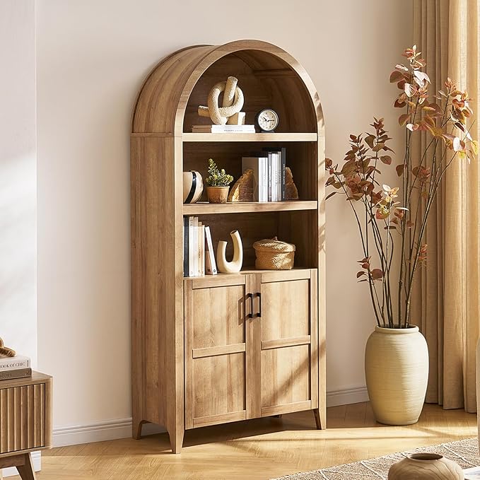 mopio Lauren 77.4" Tall Arched Cabinet, 5-Tier Arched Bookcase with Doors and Adjustable Shelves, Arch Bookshelf with Storage, Wooden Storage Cabinet for Living Room and Kitchen Pantry (Oak)