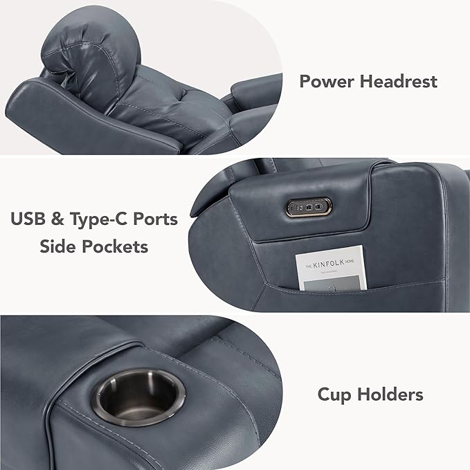 Watson & Whitely Genuine Leather Power Recliner Chairs for Adults, Lay Flat Recliner with Power Headrest, USB Ports and Cup Holders, Electric Reclining Sofa for Living Room, Bedroom, Navy