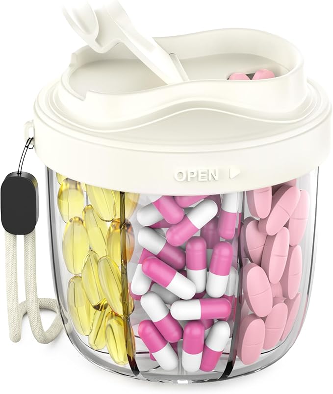 Pill Organizer,Pill Dispenser with 7 Large Compartments,Portable Pill Box for Travel, Anti-Mix Design & Wide Opening Design, Easy Access to Vitamin Dispenser, Includes 20 Blank Stickers(White)