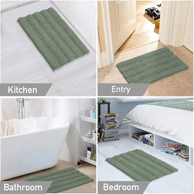 Turquoize Chenille Bathroom Rugs Non-Slip Bath Mats for Bathroom Super Absorbent Shaggy Rugs for Tub Shower Toilet Plush Bath Rug Plus U Shaped Rug (Standard: 20" x 32" and 20" x 20" U), Green Bay